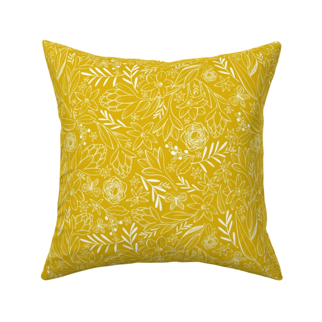 Botanical Floral Sketchbook - Yellow Pillow, Woven, Black, 16x16, Single Sided, Yellow