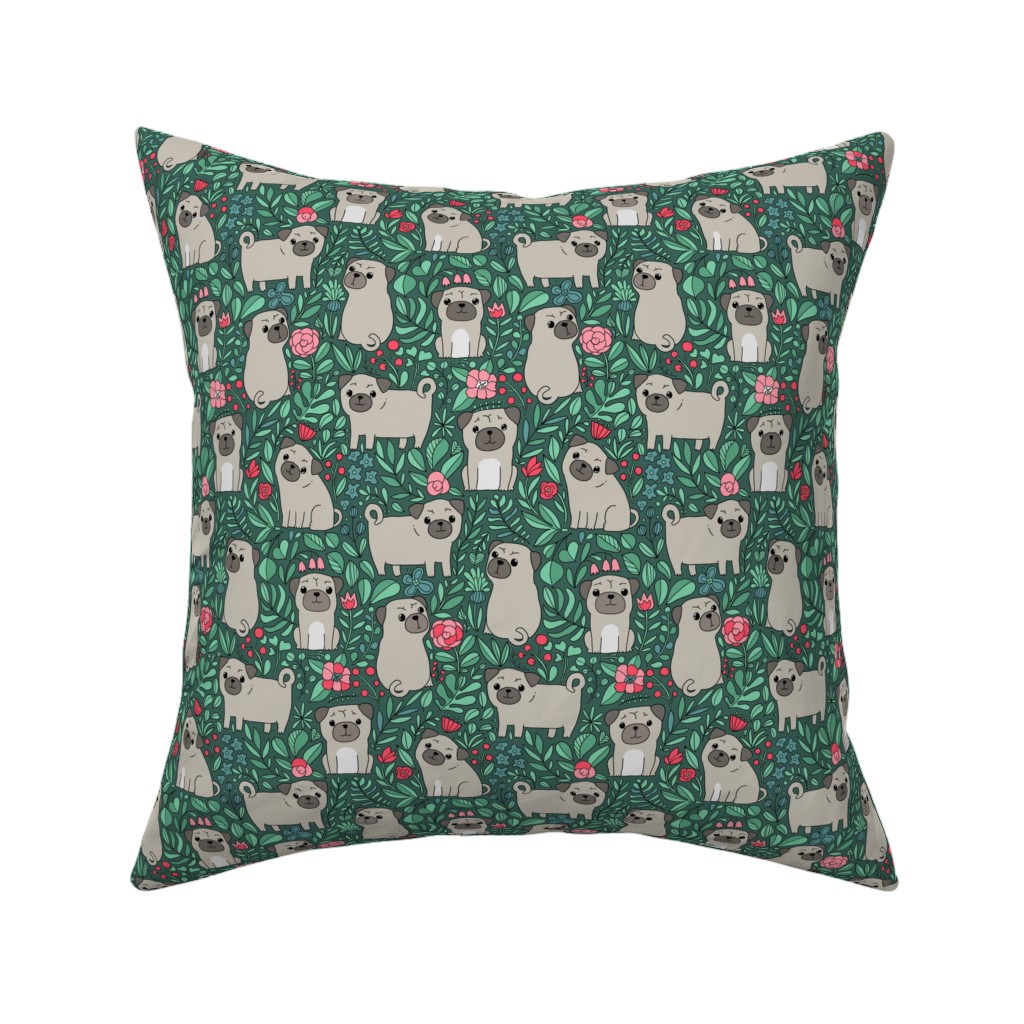 Cute Pugs and Flowers - Multicolor Pillow, Woven, Black, 16x16, Single Sided, Green, Classic Green