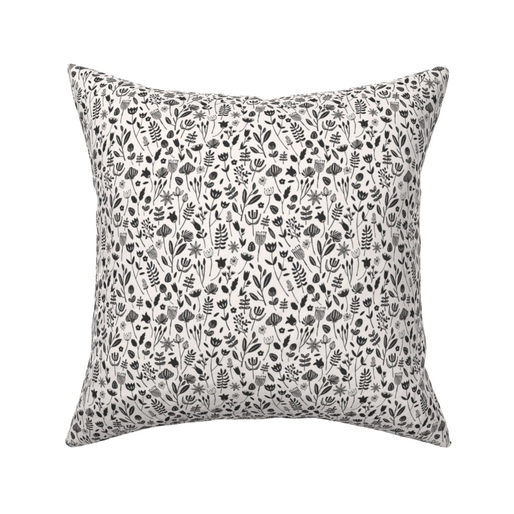 Folk Botanical Print - Neutral Pillow, Woven, Black, 16x16, Single Sided, Beige