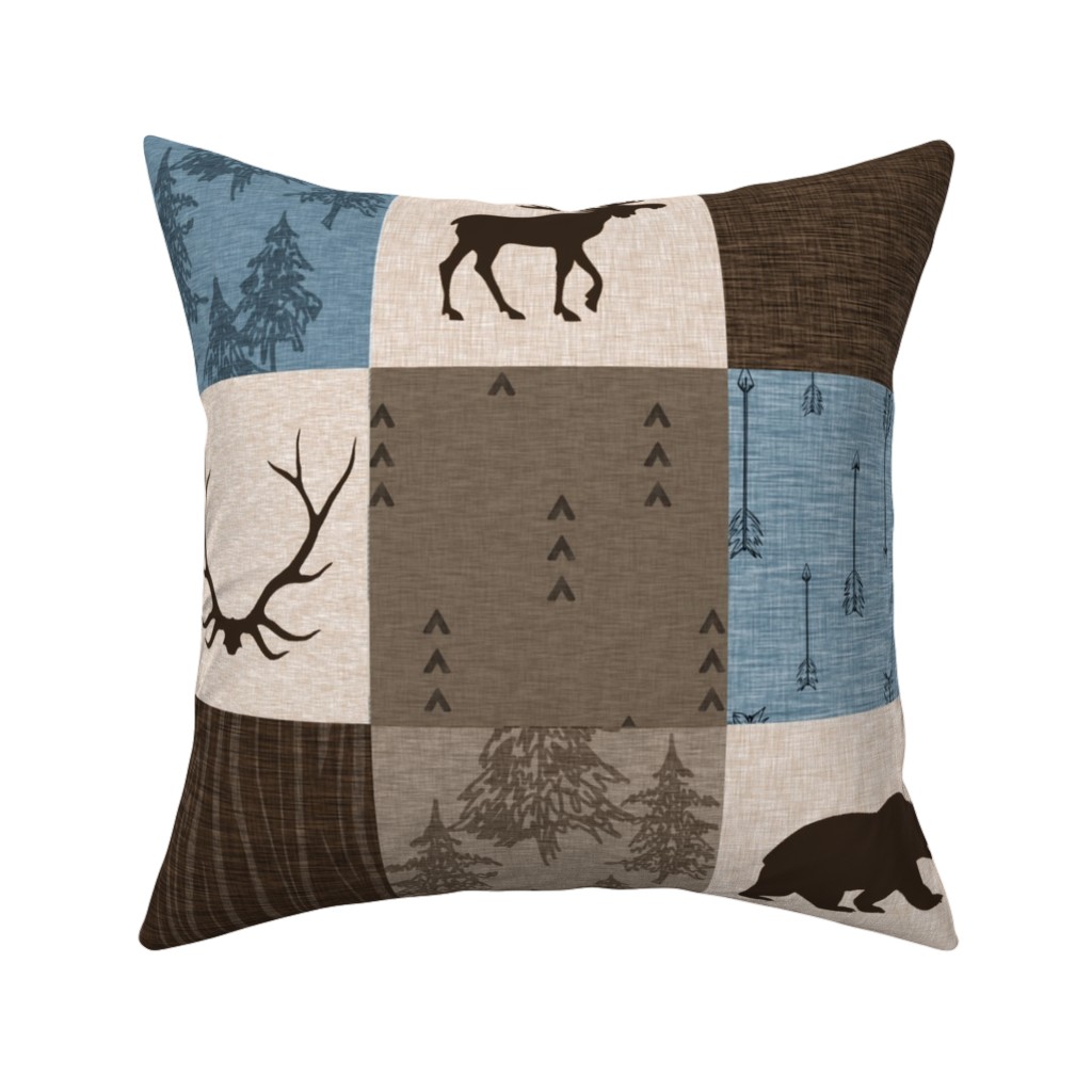 Rustic Woodlands - Blue, Brown and Cream Pillow, Woven, Black, 16x16, Single Sided, Brown