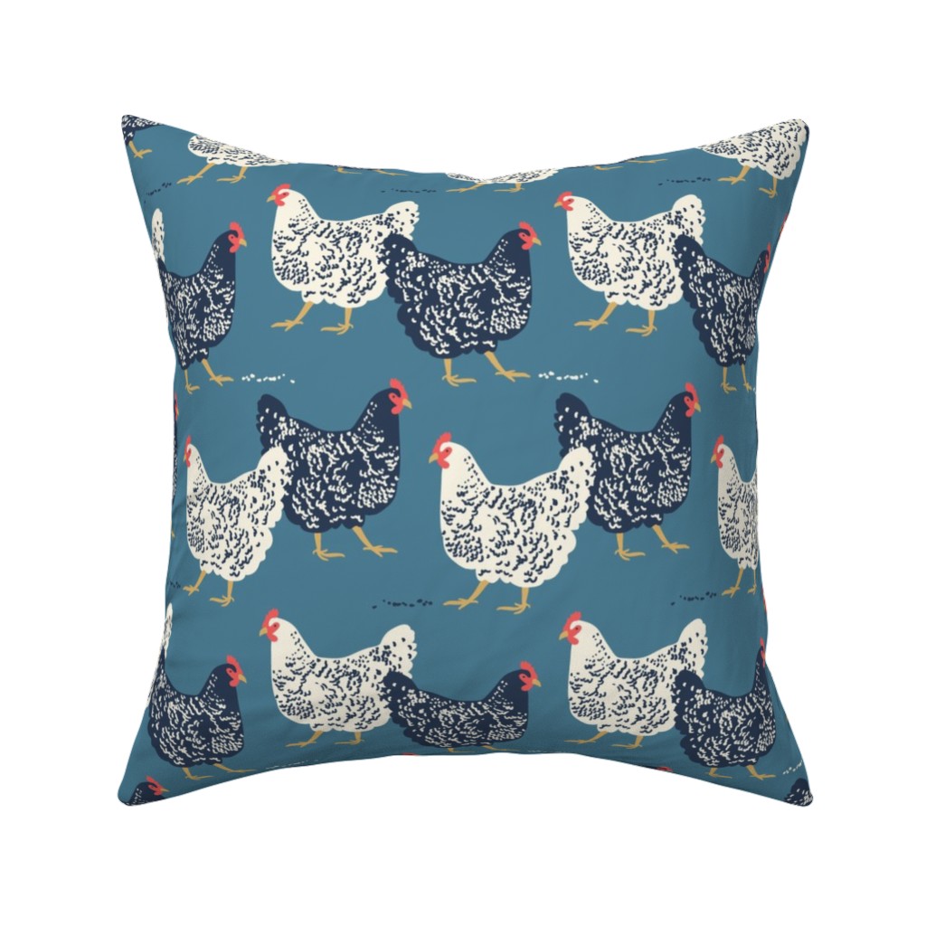 Farmhouse Chickens on Blue Pillow, Woven, Black, 16x16, Single Sided, Blue