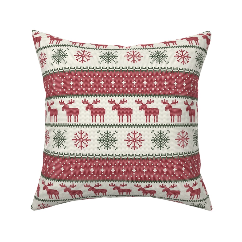 Fair Isle Moose - Red, Green and Cream Pillow, Woven, Black, 16x16, Single Sided, Multicolor