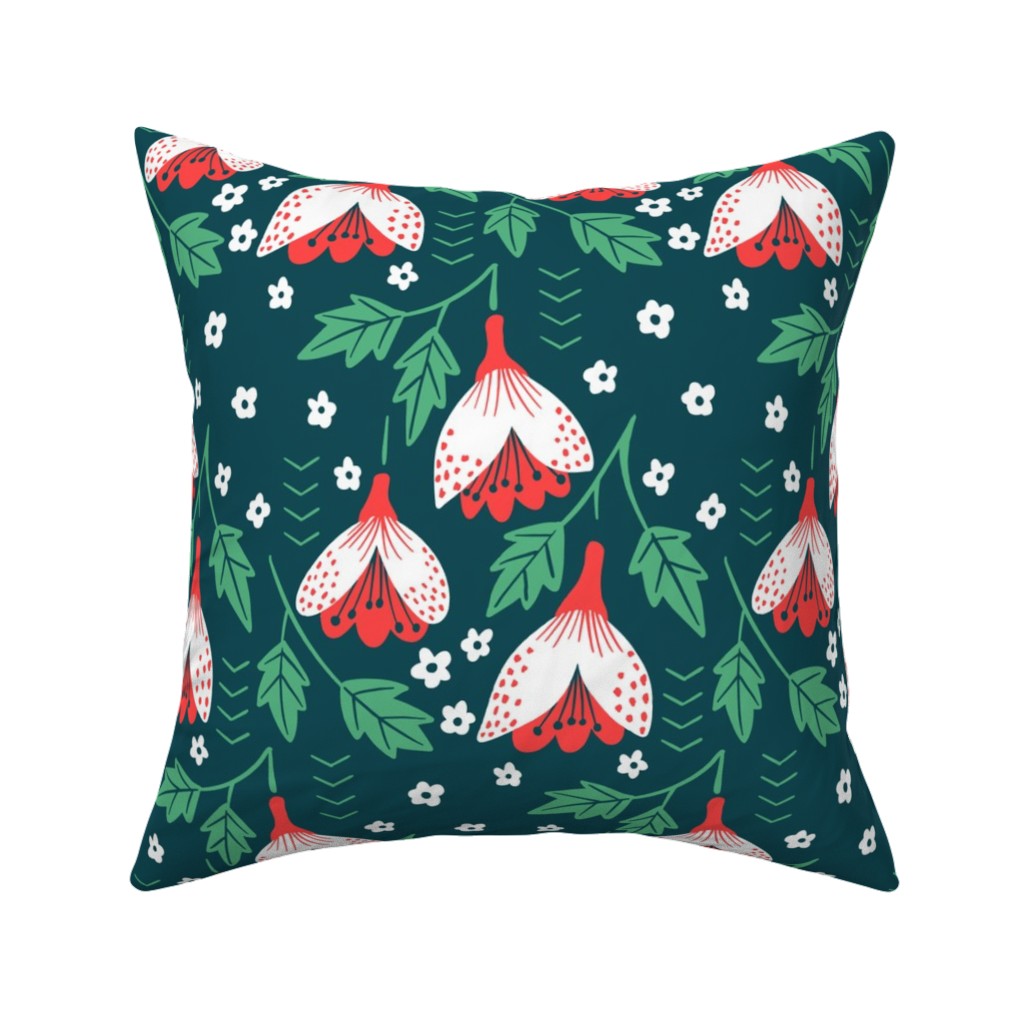 Christmas Flowers - Green Pillow, Woven, Black, 16x16, Single Sided, Green
