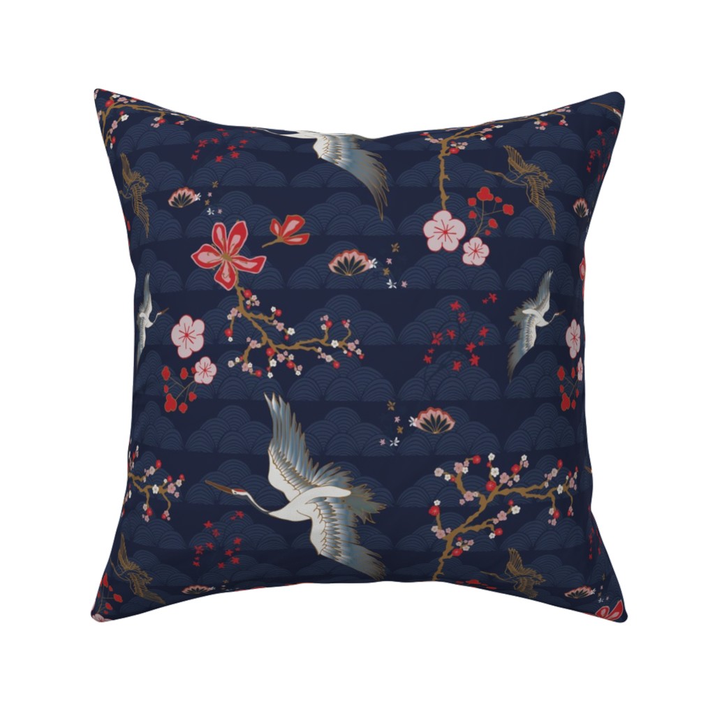 Zen Crane - Multi Pillow, Woven, Black, 16x16, Single Sided, Blue