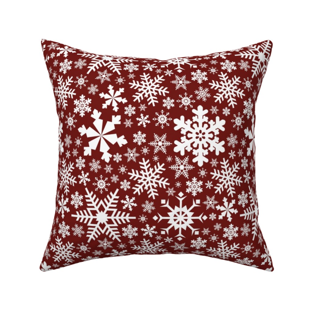 Christmas White Snowflakes on Red Background Pillow, Woven, Black, 16x16, Single Sided, Red