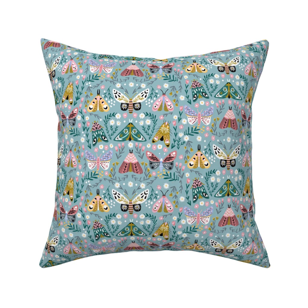 Spring Floral and Butterflies - Blue Pillow, Woven, Black, 16x16, Single Sided, Multicolor