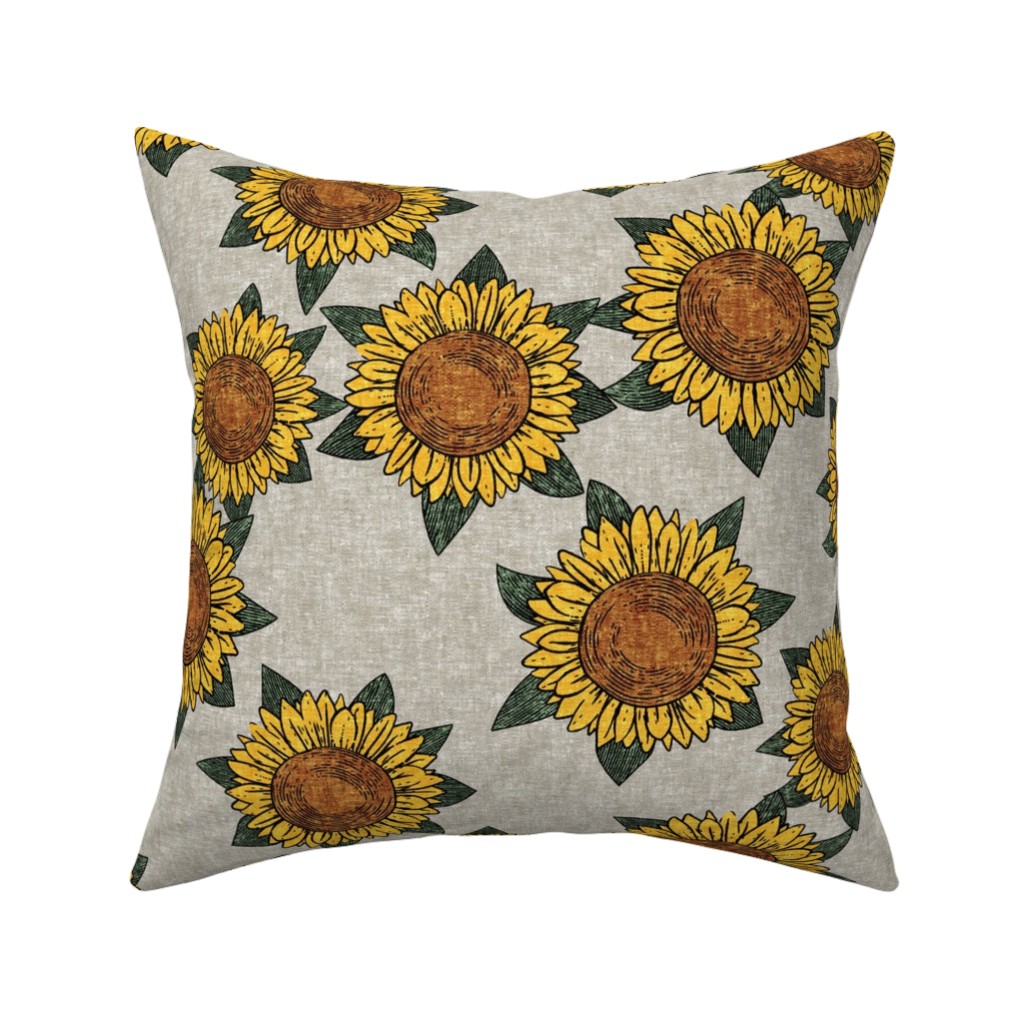 Sunflowers - Summer Flowers - Beige Pillow, Woven, Black, 16x16, Single Sided, Orange