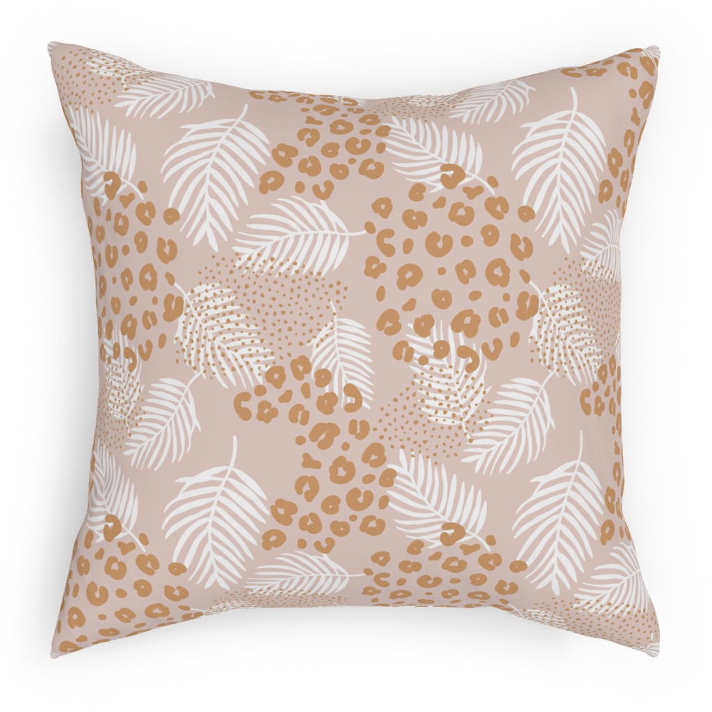 Palm Leaves and Animal Panther Spots - Beige Pillow, Woven, Beige, 18x18, Single Sided, Pink