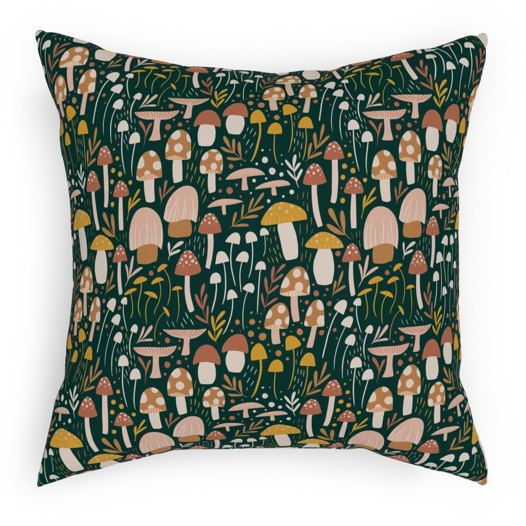 Woodland Mushroom Meadow - Green Pillow, Woven, Beige, 18x18, Single Sided, Green