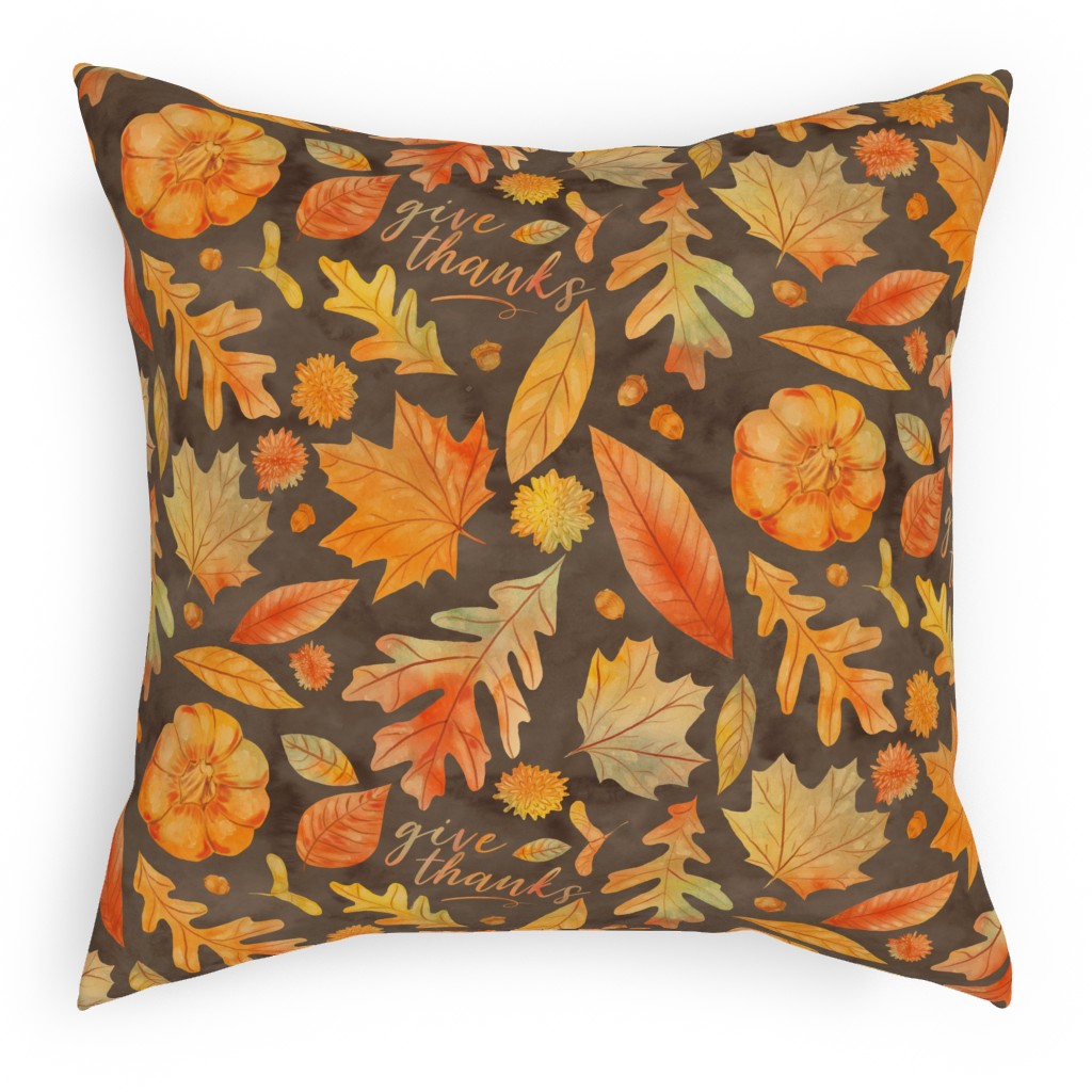 Give Thanks Watercolor Leaves - Brown Pillow, Woven, Beige, 18x18, Single Sided, Orange, Orange