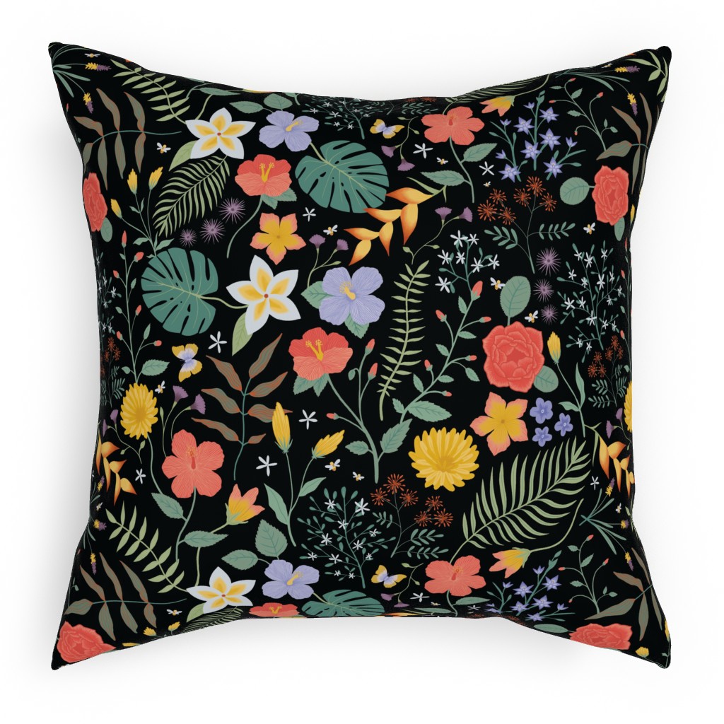 Hawaii Floral - Black Pillow, Woven, Beige, 18x18, Single Sided, Multicolor