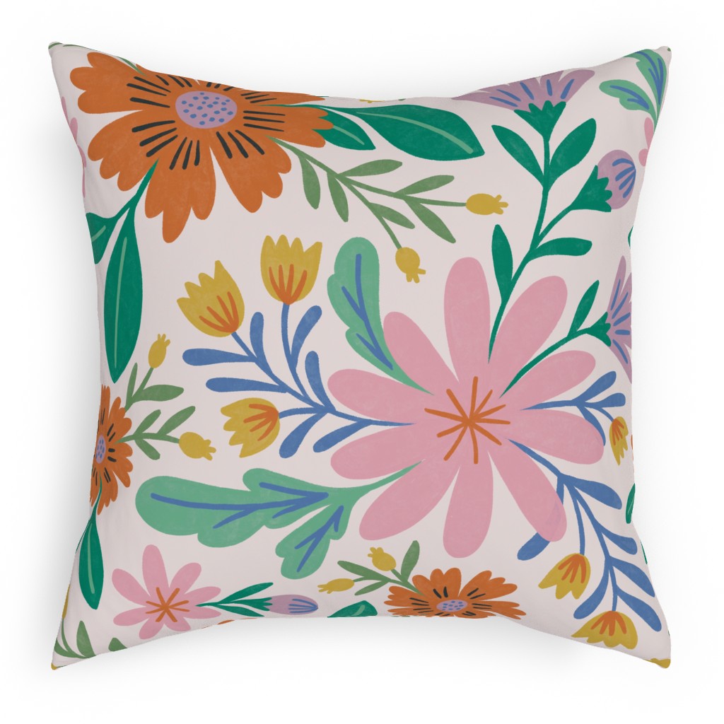 Happy Flowers - Multi on Pink Pillow, Woven, Beige, 18x18, Single Sided, Multicolor