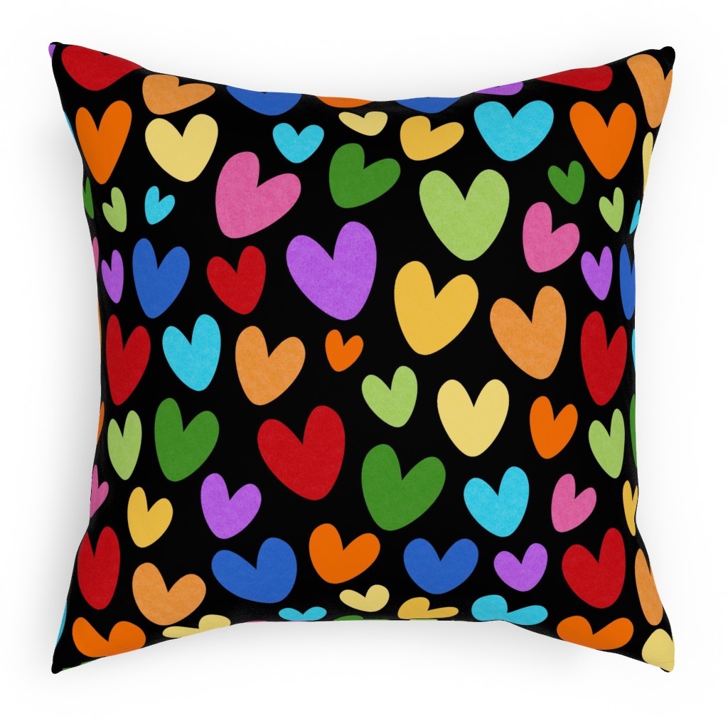 Rainbow Hearts - Black Pillow, Woven, Beige, 18x18, Single Sided, Multicolor