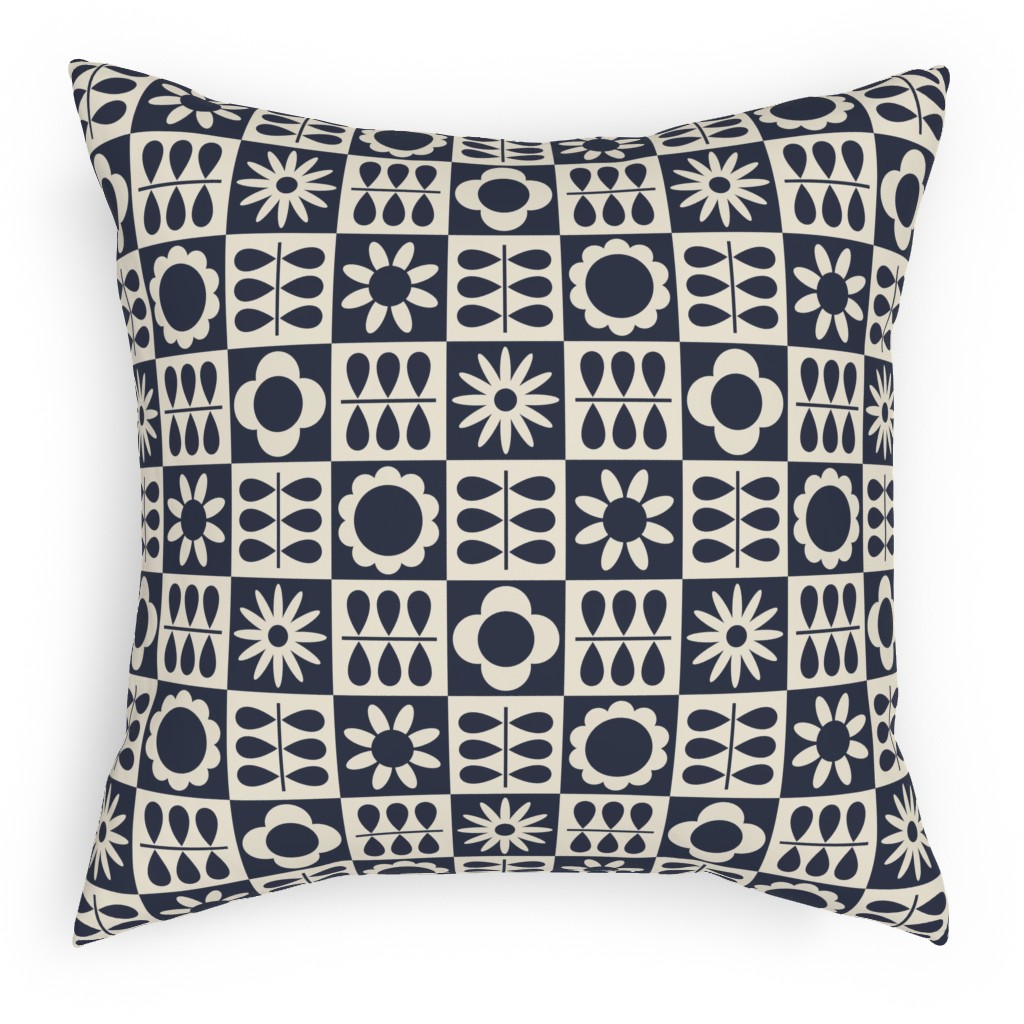 Scandinavian Checker Blooms - Off White and Navy Pillow, Woven, Beige, 18x18, Single Sided, Black, Black