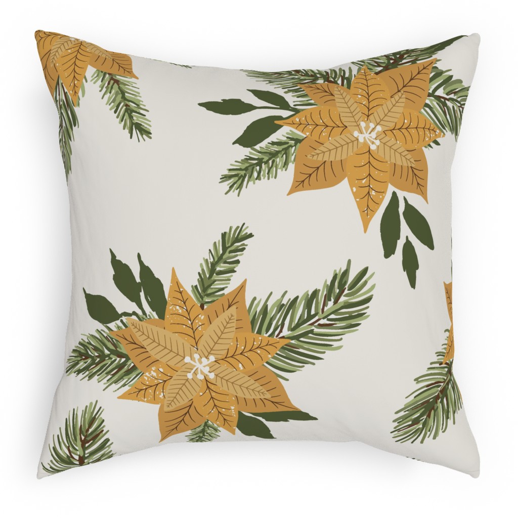 Golden Poinsettia Christmas Flowers Pillow, Woven, Beige, 18x18, Single Sided, Yellow