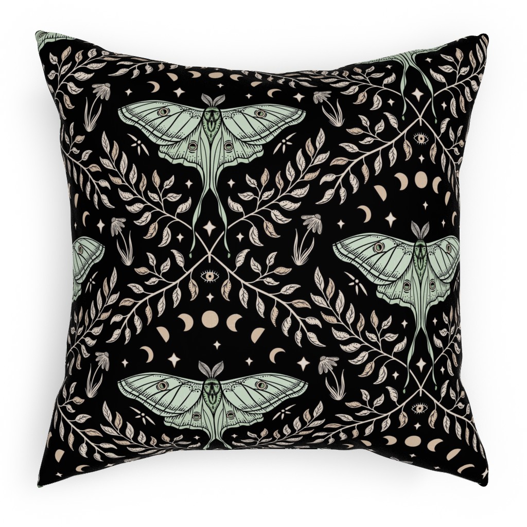 Luna Moths Damask With Moon Phases - Black Pillow, Woven, Beige, 18x18, Single Sided, Multicolor