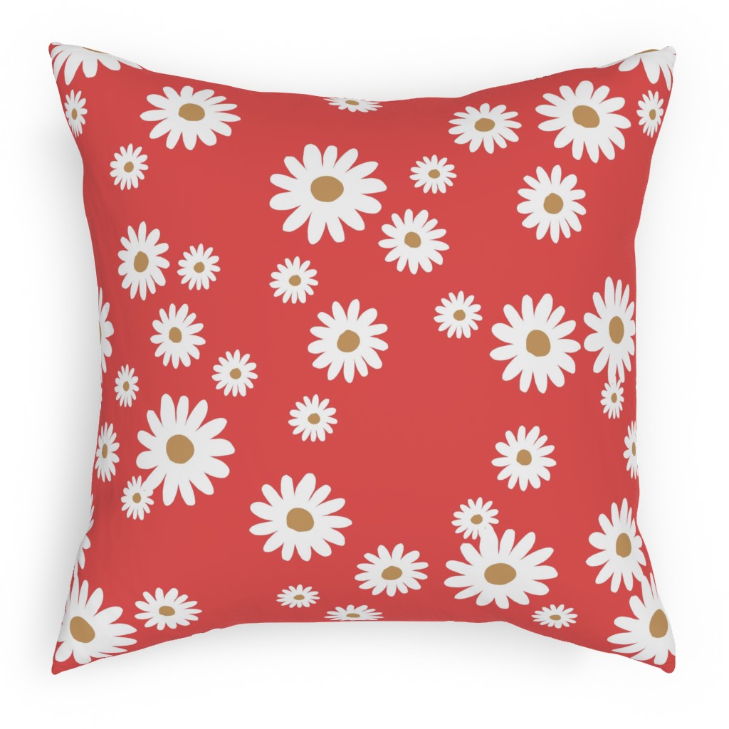 Vintage Daisies - White on Red Pillow, Woven, Beige, 18x18, Single Sided, Red, Red