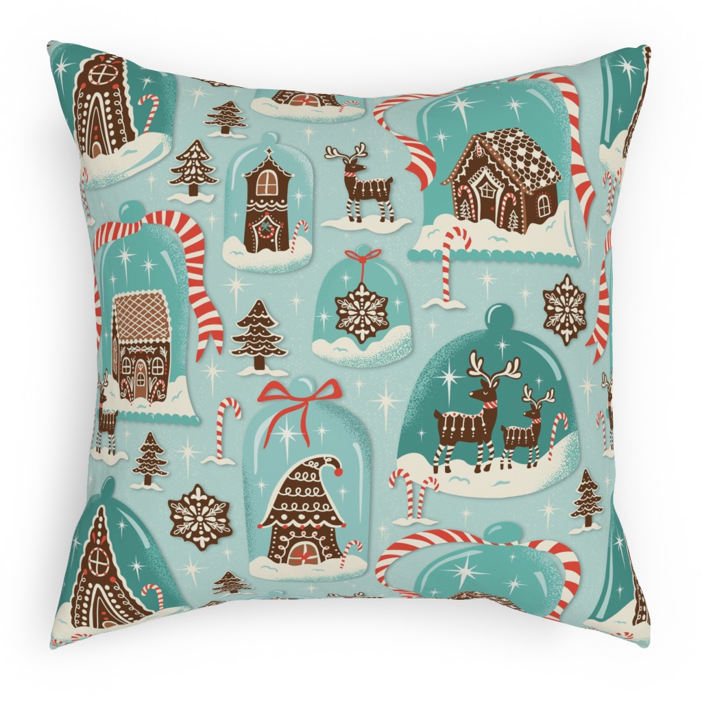 Christmas Gingerbread Village - Aqua Pillow, Woven, Beige, 18x18, Single Sided, Blue