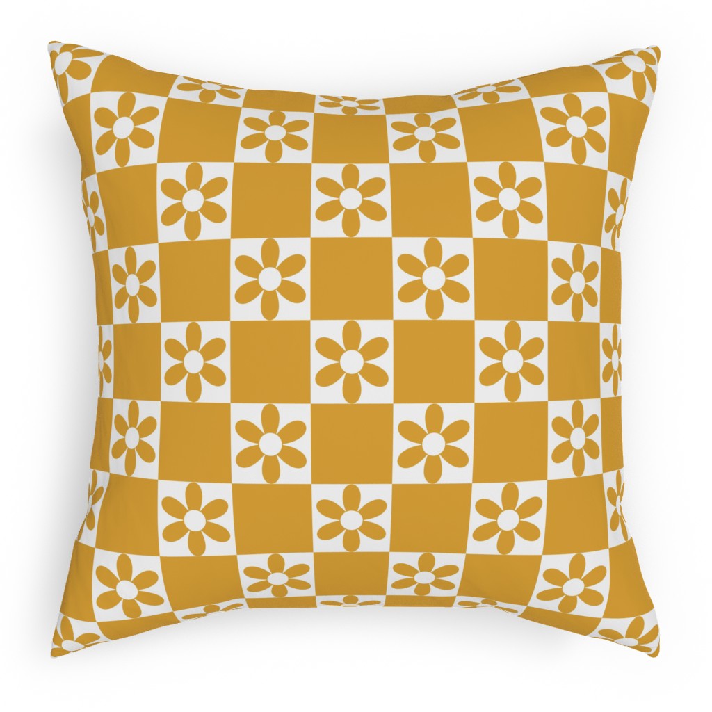 Daisy Checkerboard Pillow, Woven, Beige, 18x18, Single Sided, Yellow