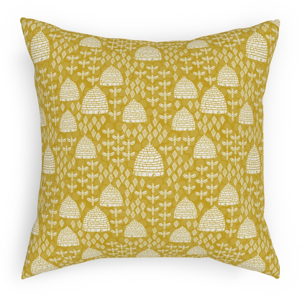 Bee Hives, Spring Florals Linocut Block Printed - Golden Yellow Pillow, Woven, Beige, 18x18, Single Sided, Yellow, Classic Yellow