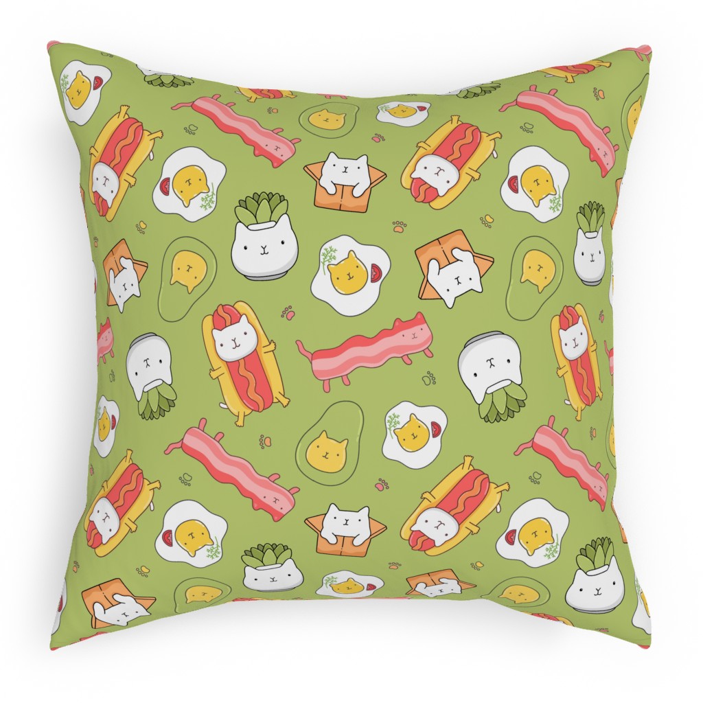 Cats and Foods Pillow, Woven, Beige, 18x18, Single Sided, Green