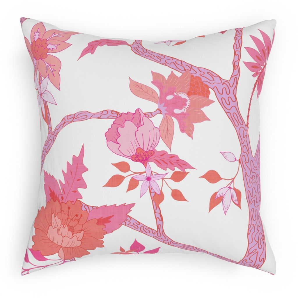 Peony Branch Mural Pillow, Woven, Beige, 18x18, Single Sided, Pink