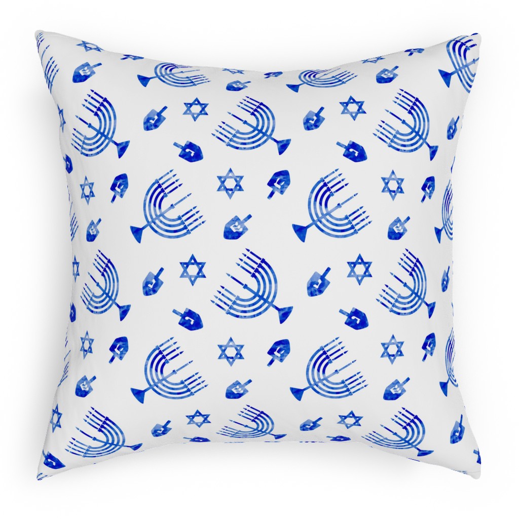 Watercolor Hanukkah Menorah, Dreidel, Star of David - Blue Pillow, Woven, Beige, 18x18, Single Sided, Blue