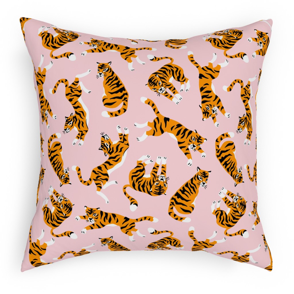 Tigers - Pink Pillow, Woven, Beige, 18x18, Single Sided, Pink, Bright Pink