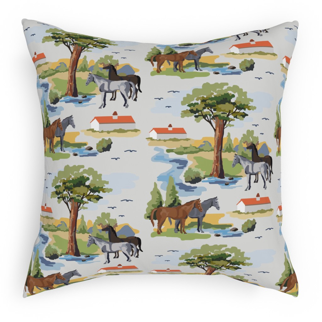 Horses and a Meadow - Multicolor Pillow, Woven, Beige, 18x18, Single Sided, Multicolor