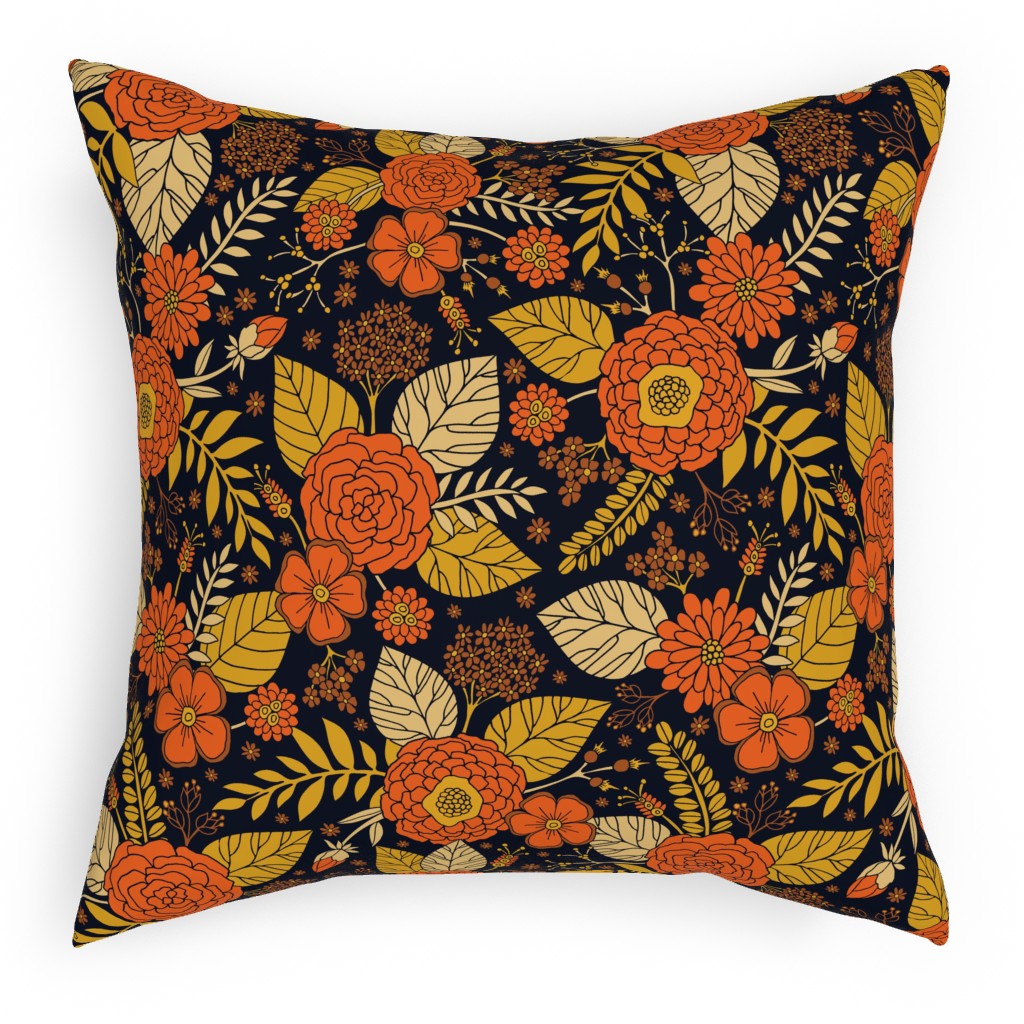 Retro Floral - Orange Brown and Yellow Pillow, Woven, Beige, 18x18, Single Sided, Orange, Orange