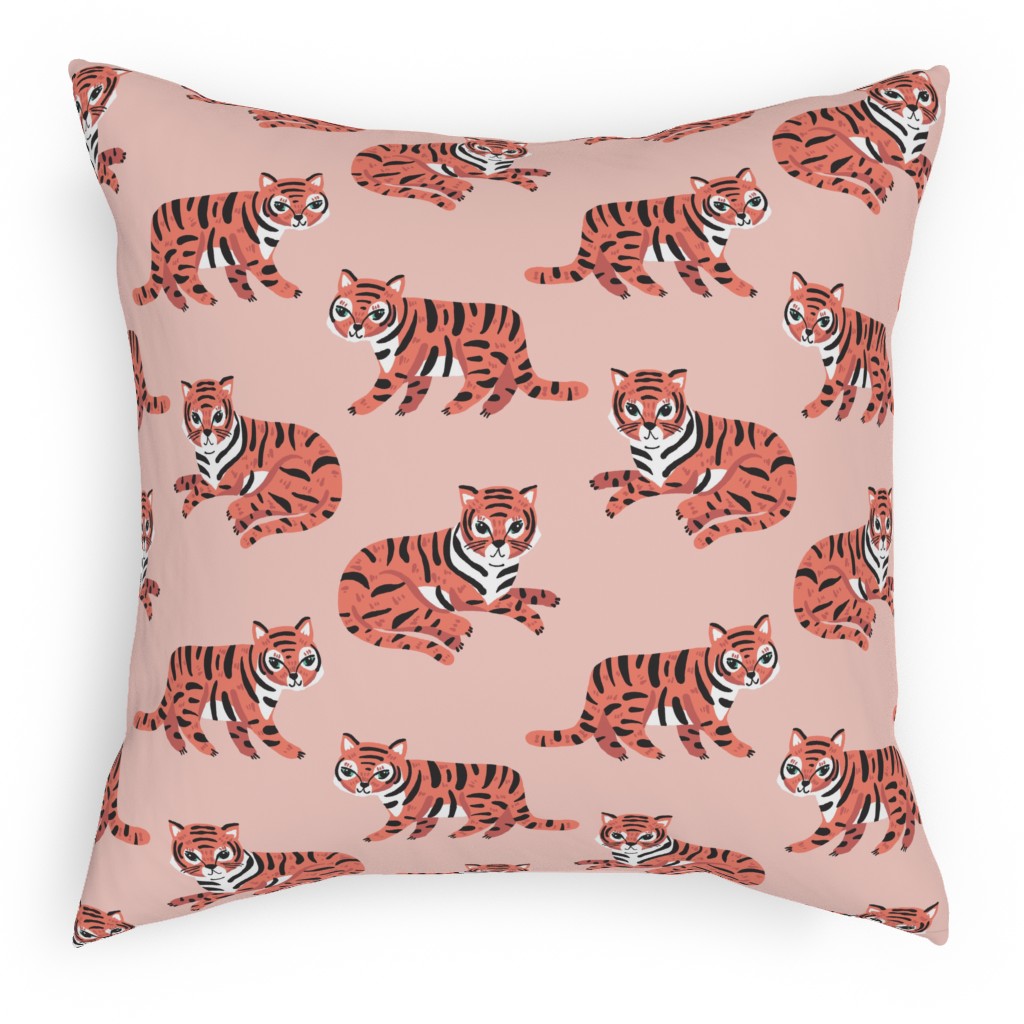 Jungle Tigers - Blush and Coral Pillow, Woven, Beige, 18x18, Single Sided, Pink