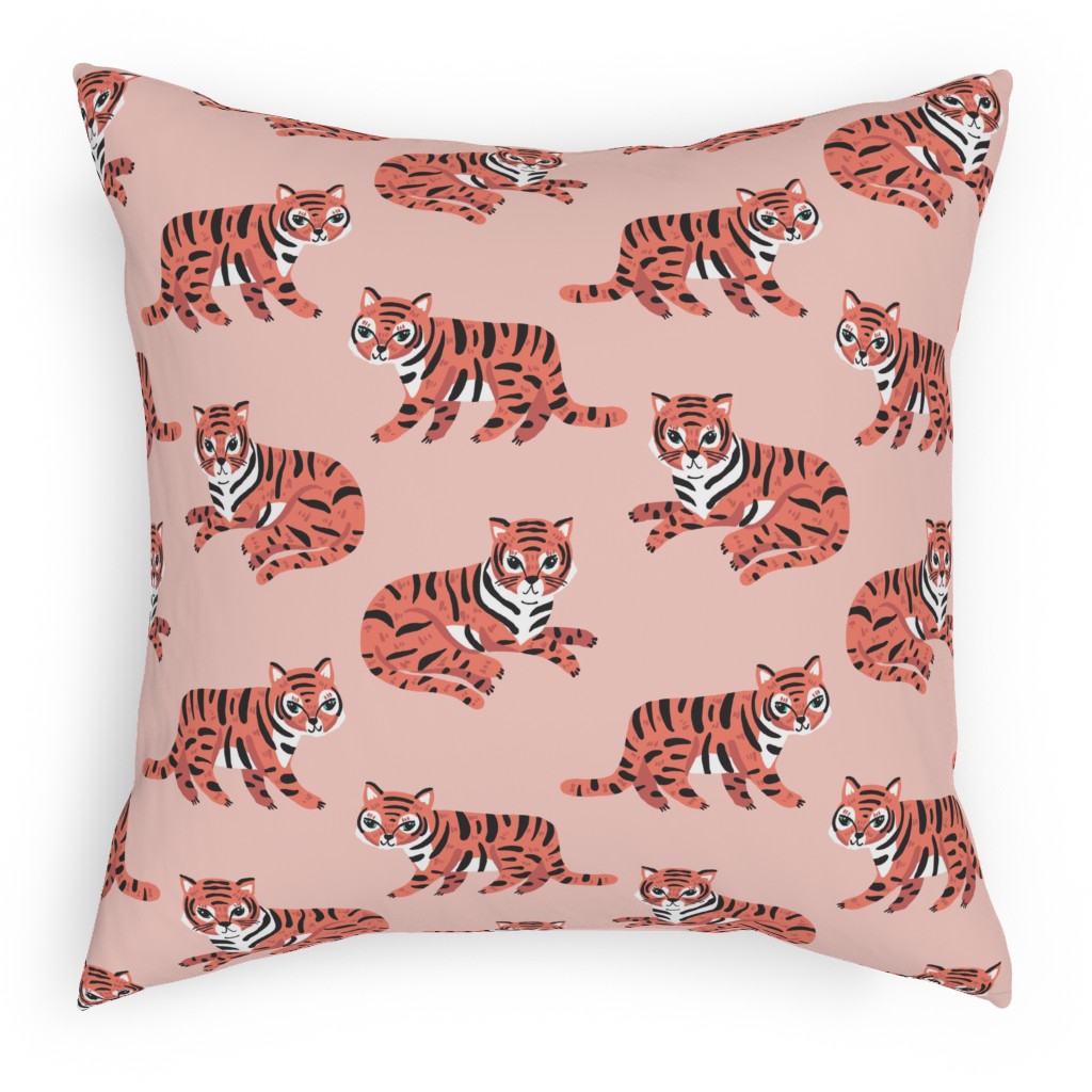 Jungle Tigers - Blush and Coral Pillow, Woven, Beige, 18x18, Single Sided, Pink, Bright Pink