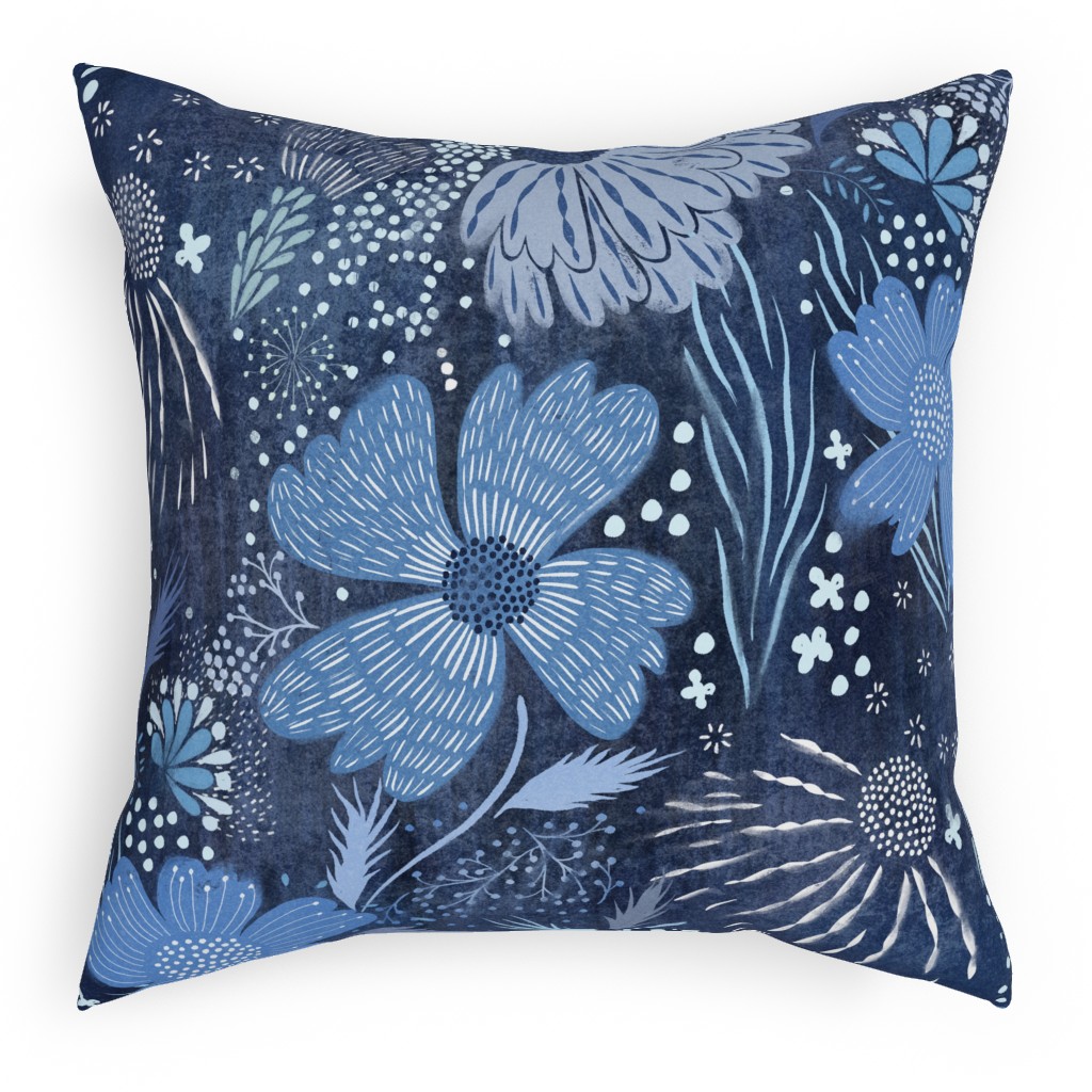 Shibori Flower Abundance - Blue Pillow, Woven, Beige, 18x18, Single Sided, Blue