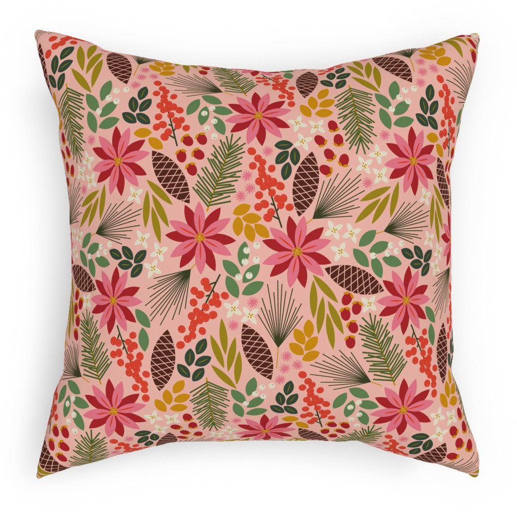 Pinecones and Berries - Pink Pillow, Woven, Beige, 18x18, Single Sided, Pink, Bright Pink