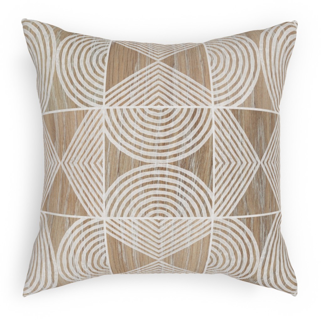 Boho Tribal Woodcut Geometric Shapes Pillow, Woven, Beige, 18x18, Single Sided, Beige, Rye