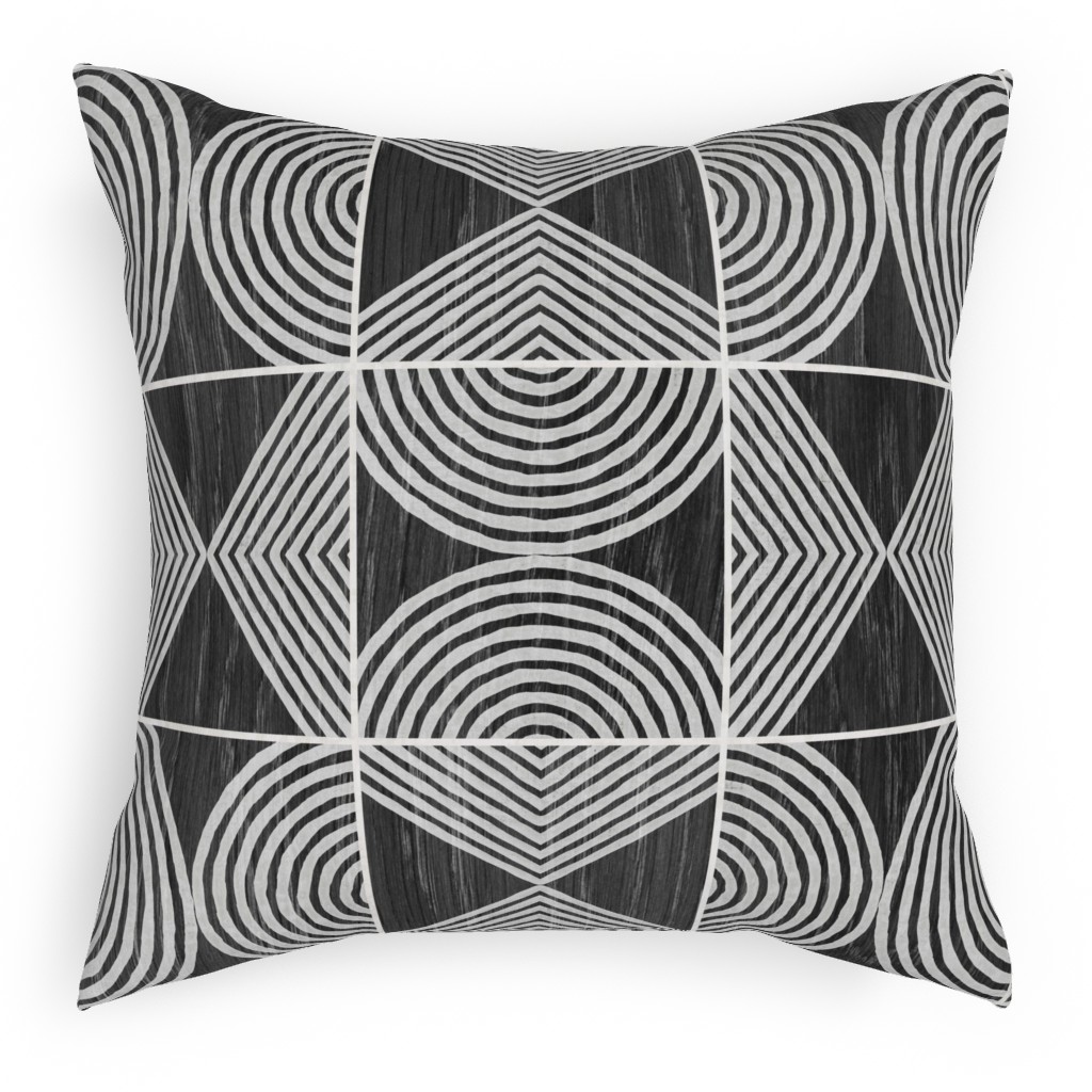 Boho Tribal Woodcut Geometric Shapes Pillow, Woven, Beige, 18x18, Single Sided, Black