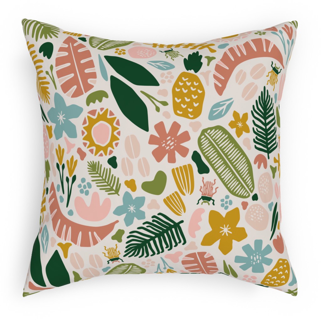 Tropical Adventure Woodcut - Multi Pillow, Woven, Beige, 18x18, Single Sided, Multicolor