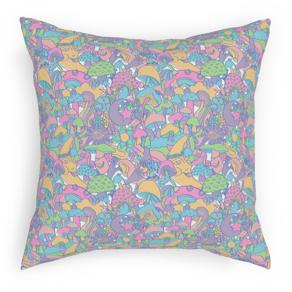 Magical Mushroom World - Pastel Pillow, Woven, Black, 18x18, Single Sided, Multicolor