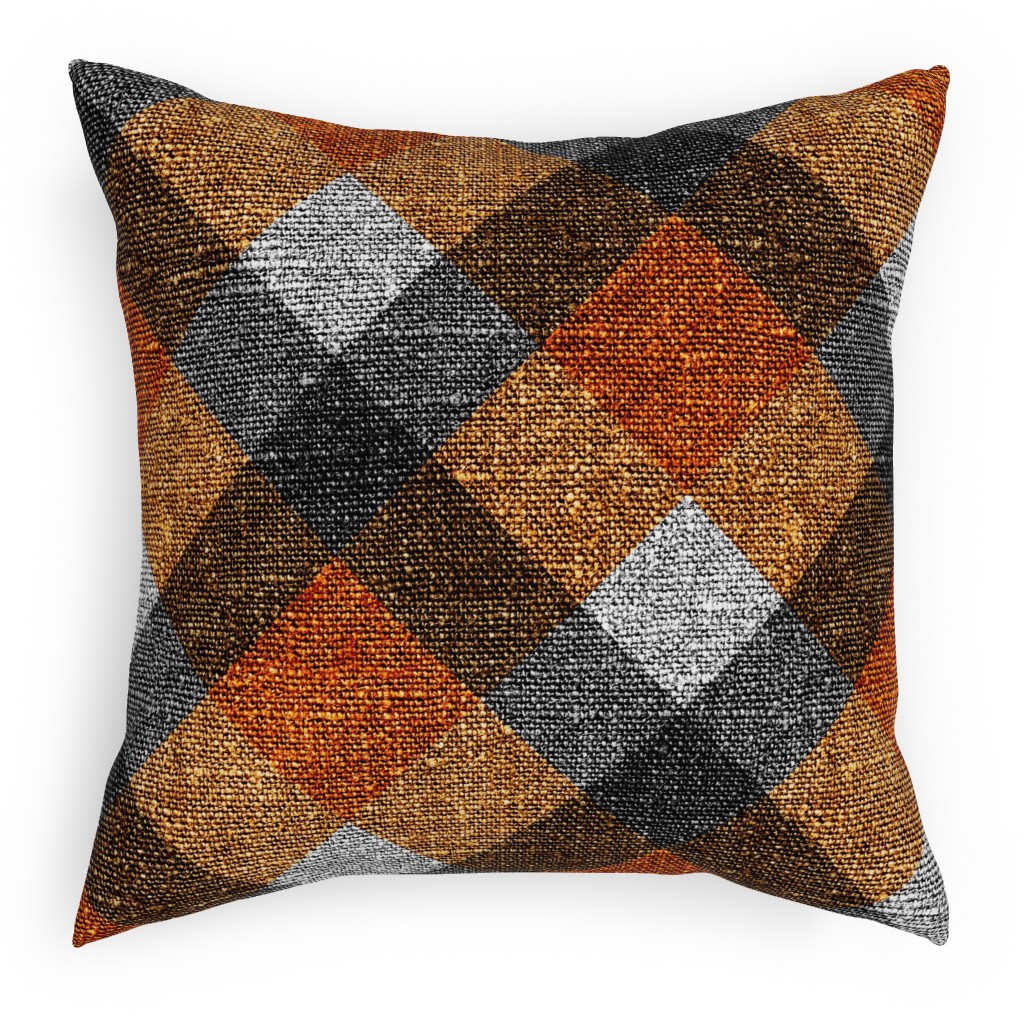 Fall Textured Plaid - Orange and Gray Pillow, Woven, Black, 18x18, Single Sided, Orange