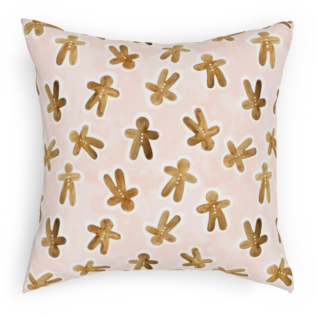 Christmas Gingerbread Men on Pink Watercolor Wash Pillow, Woven, Black, 18x18, Single Sided, Pink