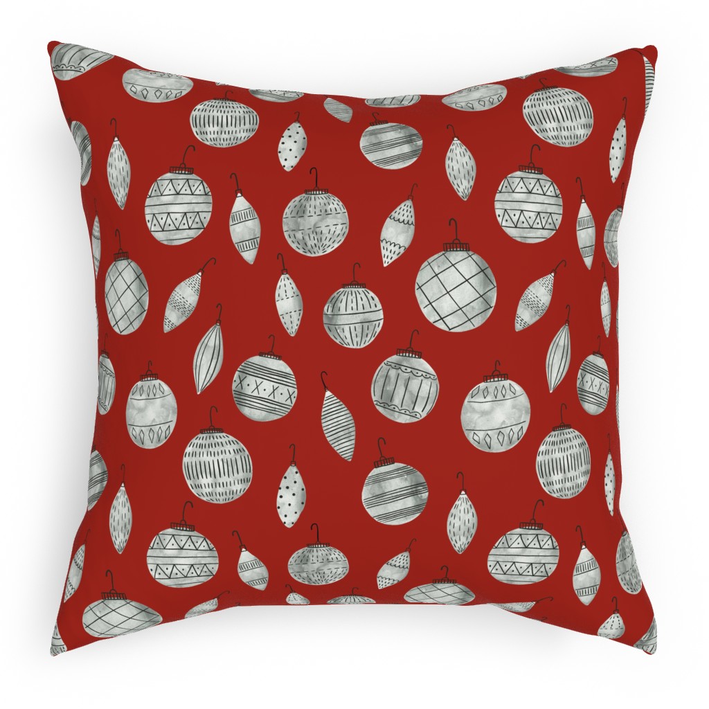Watercolor Christmas Ornaments - Red Pillow, Woven, Black, 18x18, Single Sided, Red, Red