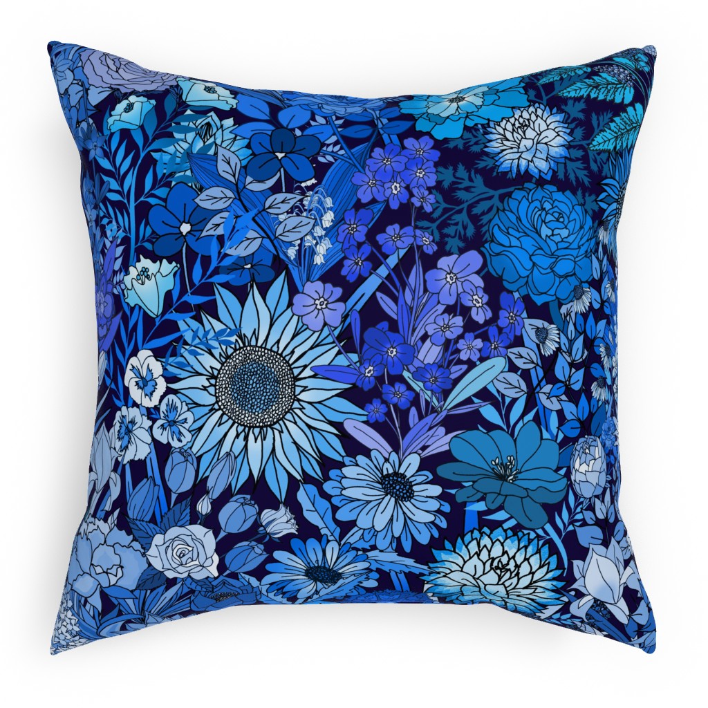 Frozen Flowers Pillow, Woven, Black, 18x18, Single Sided, Blue, True Blue