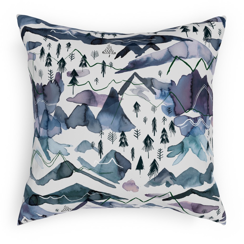 Watercolor Mountains Landscape - Blue Pillow, Woven, Black, 18x18, Single Sided, Blue, True Blue