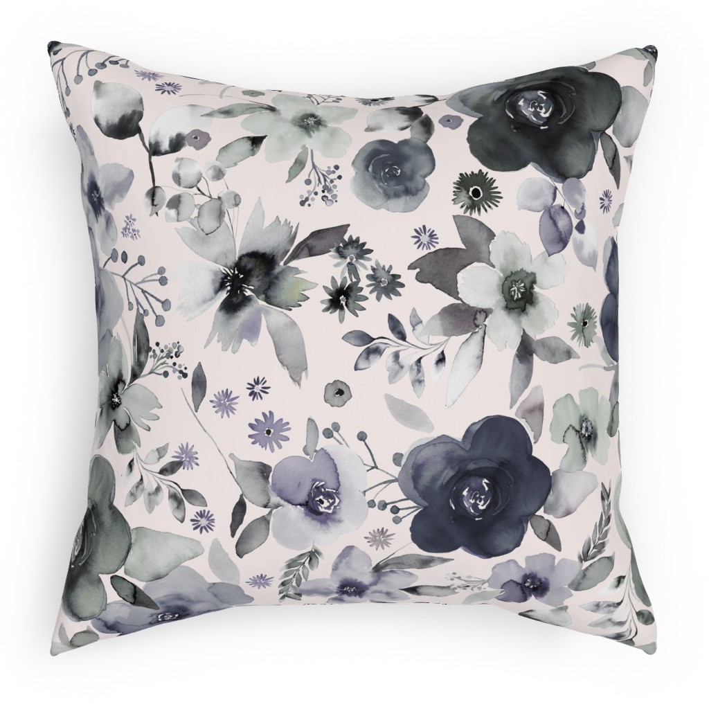 Wintery Watercolor Flower Bouquets - Navy Pillow, Woven, Black, 18x18, Single Sided, Blue, True Blue