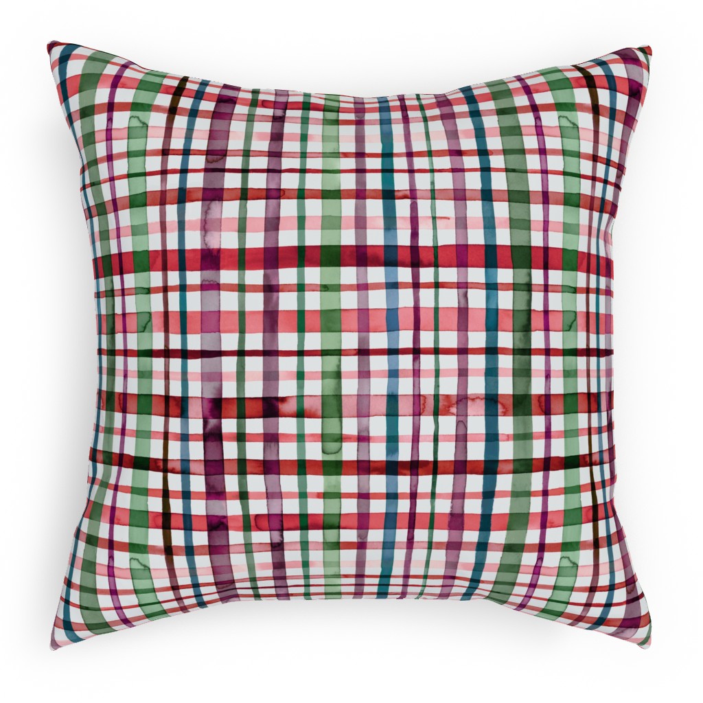 Watercolor Gingham - Red and Green Pillow, Woven, Black, 18x18, Single Sided, Multicolor