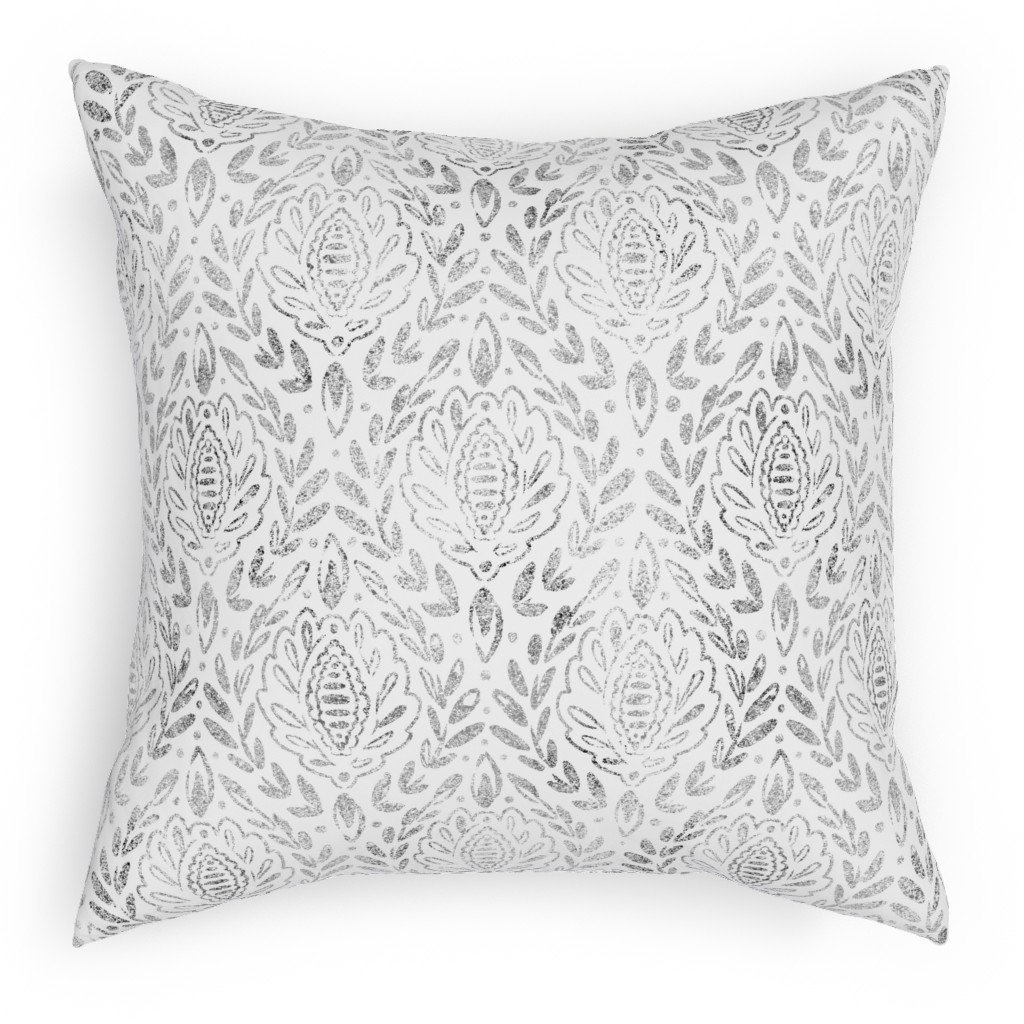 Distressed Damask Leaves - Grey Pillow, Woven, Black, 18x18, Single Sided, Gray