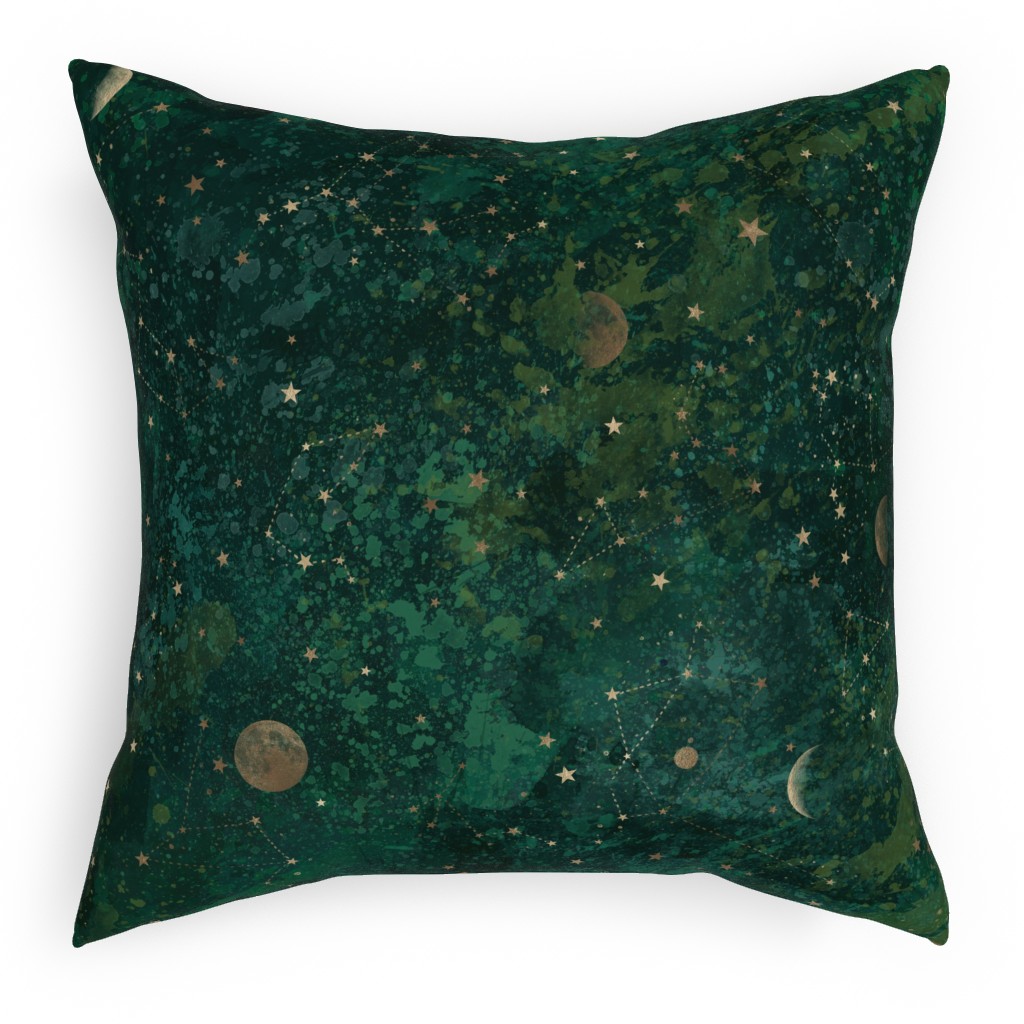Moon and Stars - Green Pillow, Woven, Black, 18x18, Single Sided, Green