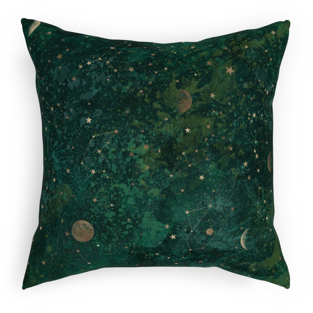 Moon and Stars - Green Pillow, Woven, Black, 18x18, Single Sided, Green, Classic Green