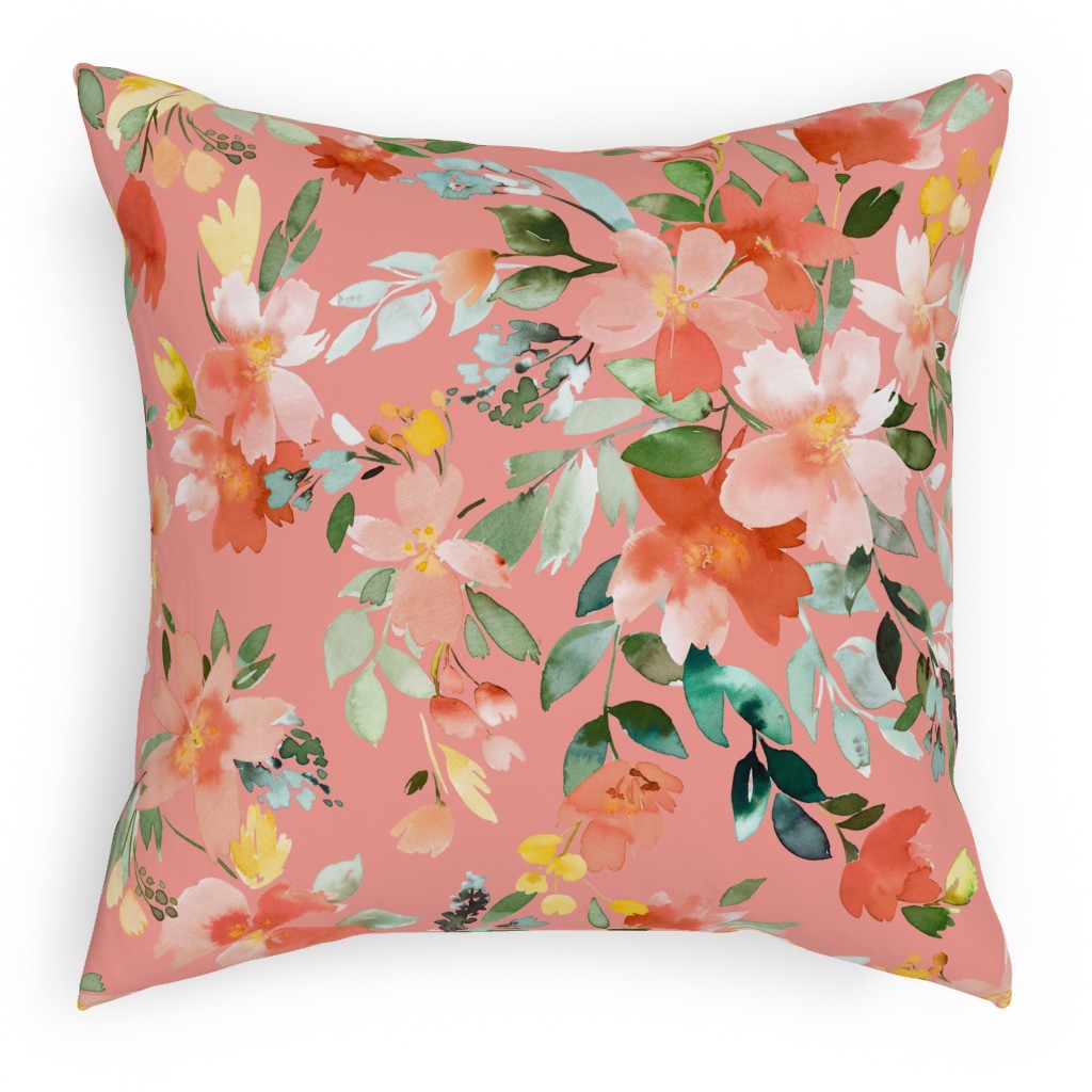 Summery Oleander Floral - Coral Pink Pillow, Woven, Black, 18x18, Single Sided, Pink, Bright Pink