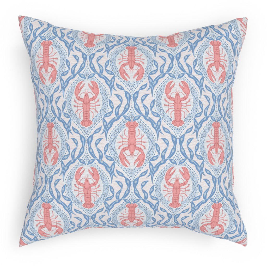 Lobster and Seaweed Nautical Damask - White, Coral Pink and Cornflower Blue Pillow, Woven, Black, 18x18, Single Sided, Blue